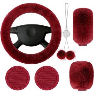 6 Pieces Fluffy Car Accessories Set Fluffy Steering Wheel Cover Soft Fuzz
